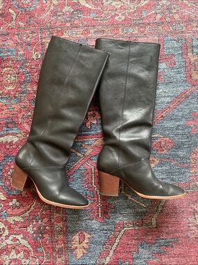 Madewell Black Leather Knee-High Boots with Block Heel
